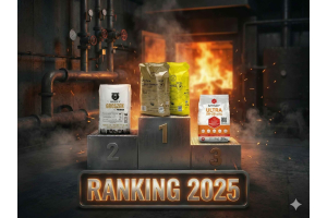 Grafika przedstawiająca ranking węgla groszek (ekogroszku) na 2025 rok. Na podium stoją worki z węglem Sztygar Ultra, Jowisz Plus i Grizzly Premium, wyróżnione odznakami za najlepszy stosunek ceny do jakości.