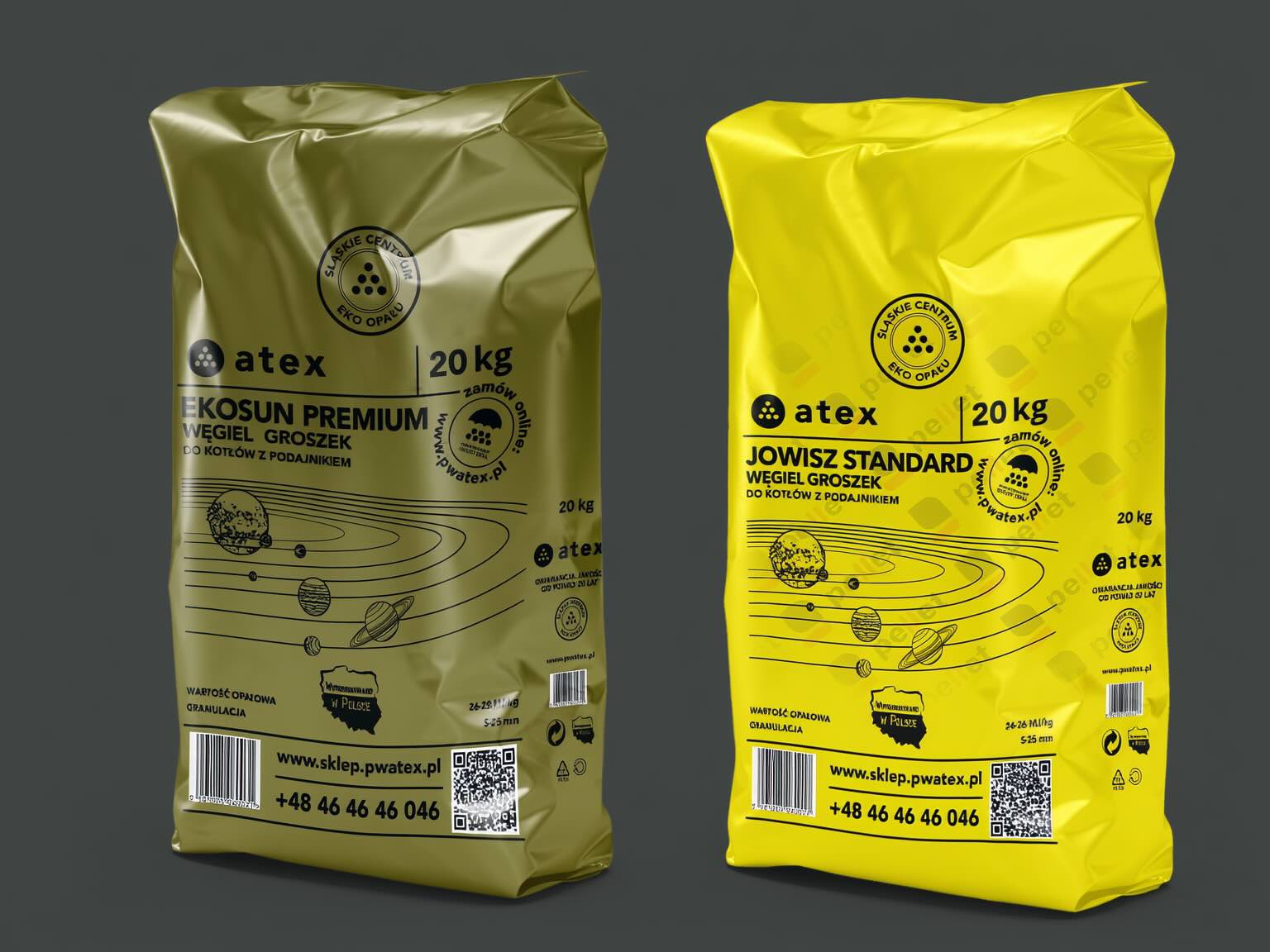 Porównanie węgla groszek Jowisz i Ekosun Premium w workach – suchy ekogroszek od PW Atex w nowoczesnej kotłowni.
