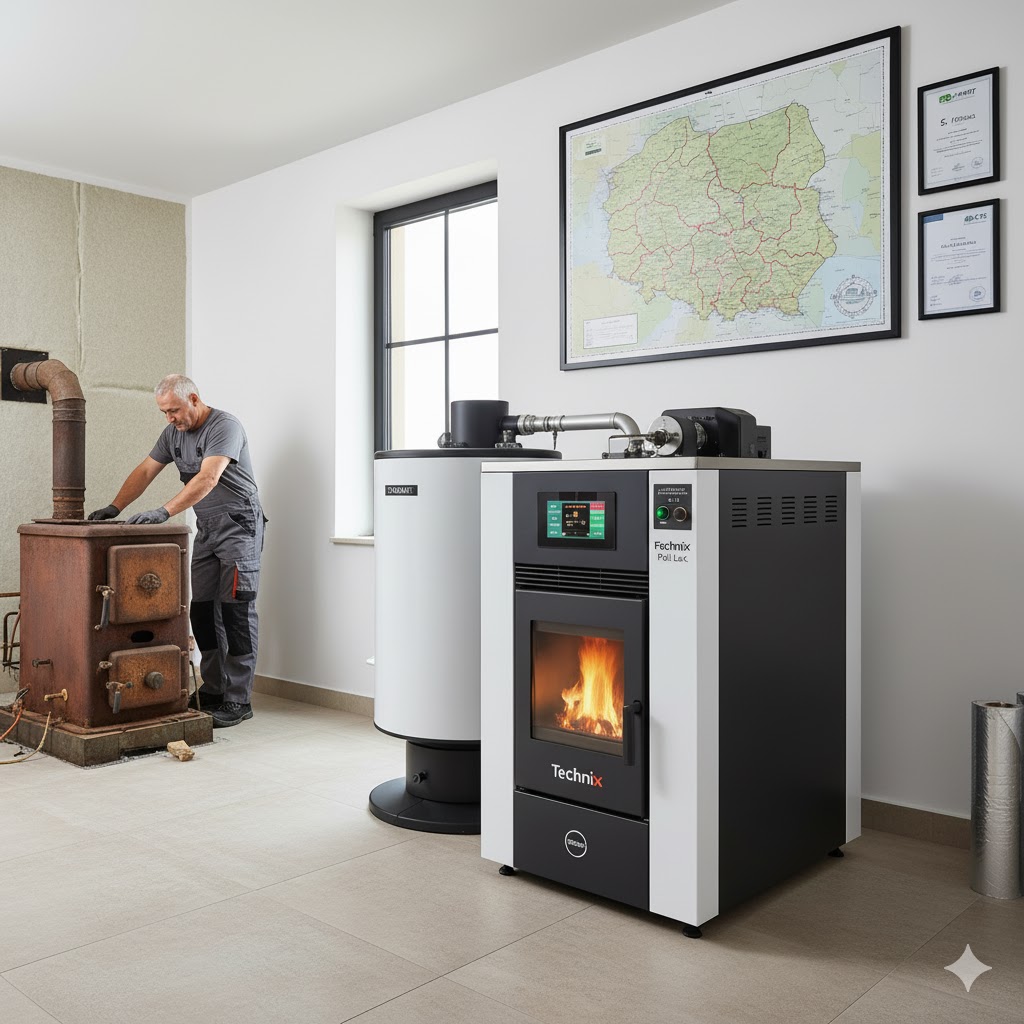 Dwóch techników w kotłowni przy starym, żeliwnym piecu i nowoczesnym, białym kotle na pellet Technix Pell Lux z wyświetlaczem. Na ścianie mapa Polski i certyfikaty. Ilustracja postępu technologicznego w ogrzewaniu.