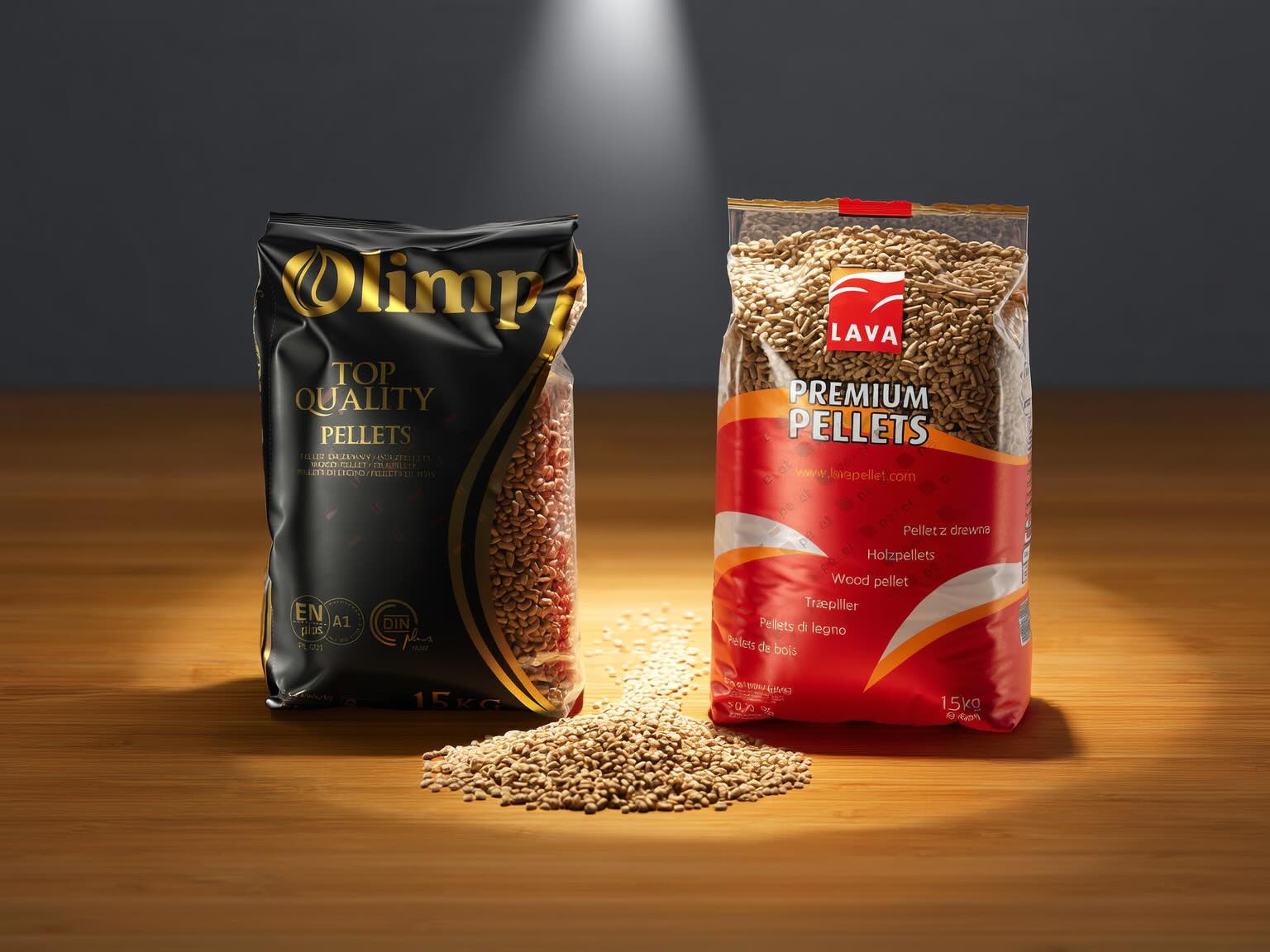 Worek_pelletu_Stelmet_Lava_i_Olimp_obok_siebie_ilustrujące_porównanie_premium_pelletów_drzewnych